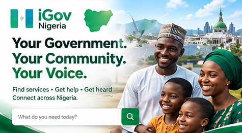 iGov Nigeria: Your Government, Your Community, Your Voice. A smiling Nigerian family, with a search box for finding services.
